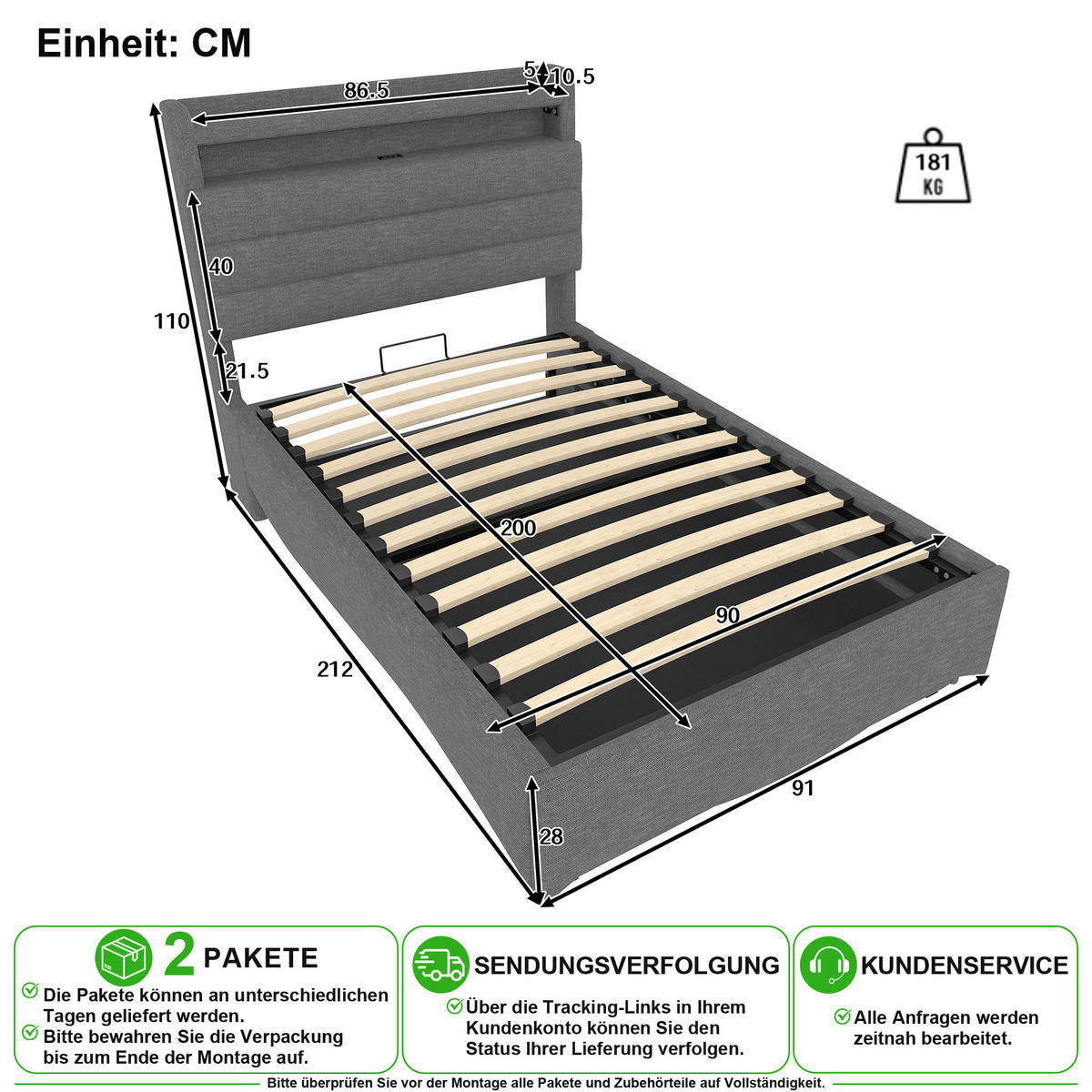 POLSTERBETT 90/200 cm in Grau mit Bettkasten, LED, USB und Type-C Leinen - Grau, Holzwerkstoff/Textil (90/200cm) - CHICFURN