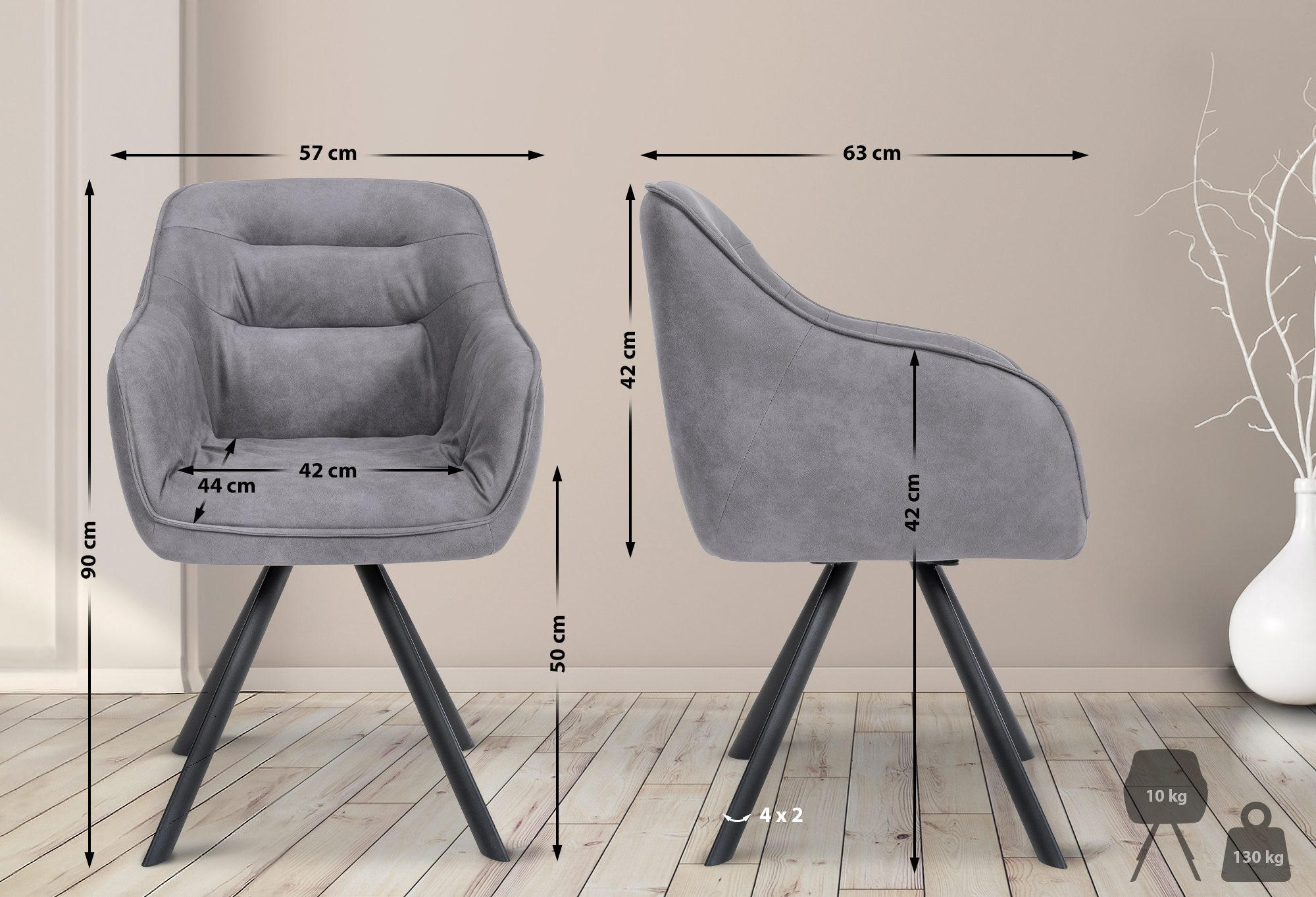 ARMLEHNENSTUHL Vintage Stoff grau - Schwarz/Grau, Textil/Metall (57/90/63cm) - CLP