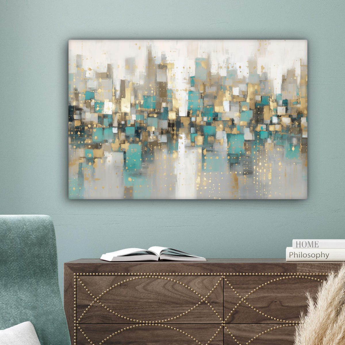LEINWANDBILD Abstrakt - Blöcke - Gold - Skyline Wanddeko 90x60 cm - Beige, Textil (90/60cm) - MuchoWow