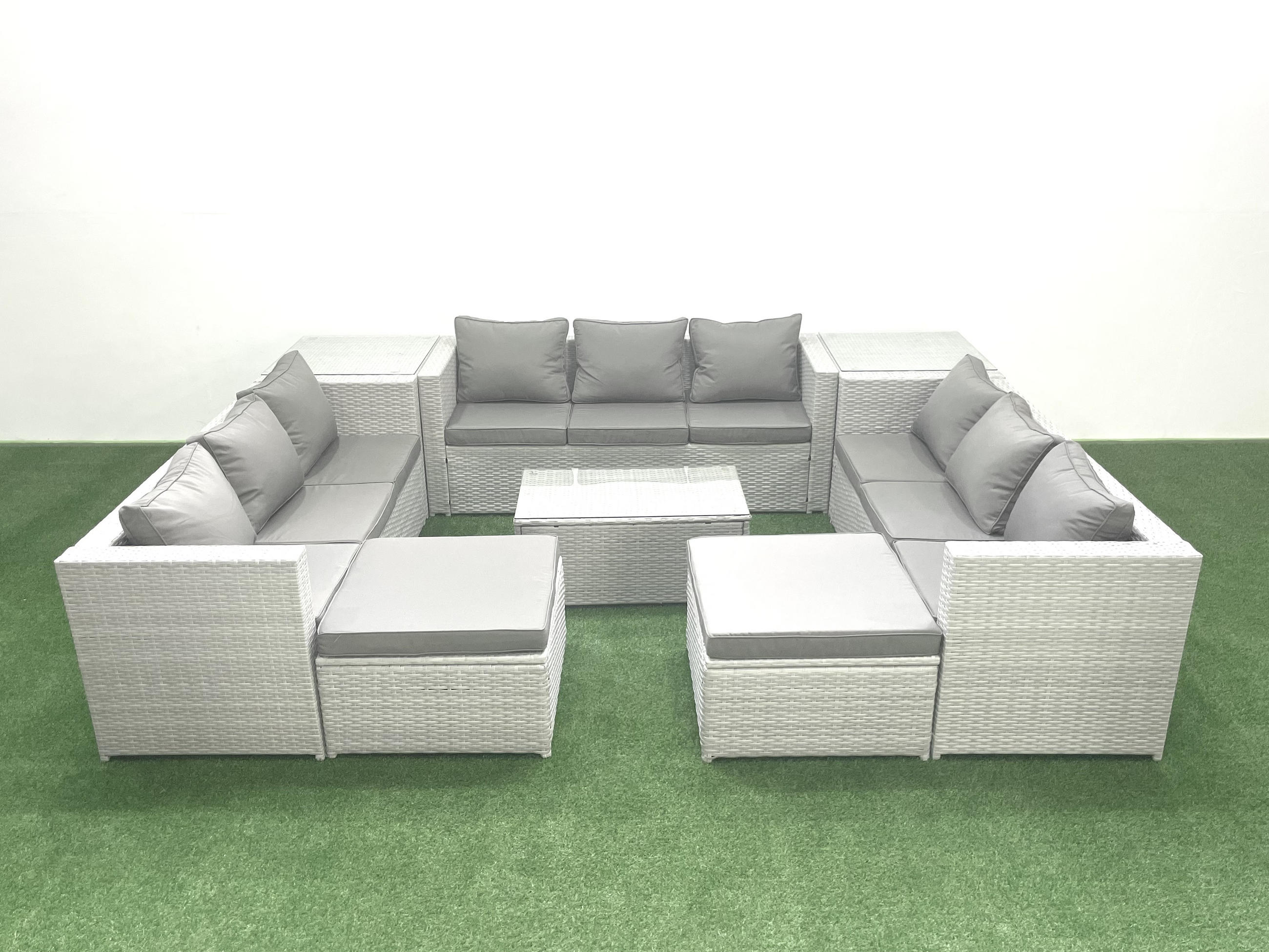GARTENSET mit 3-SITZER SOFA,COUCHTISCH Polyrattan Hellgrau-Mix 11-Sitzer - Hellgrau/Grau, Glas/Kunststoff - Fimous