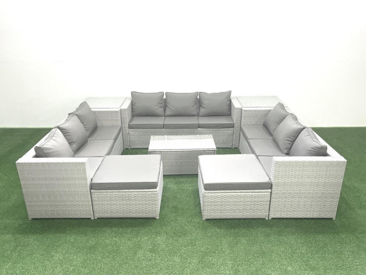GARTENSET mit 3-SITZER SOFA,COUCHTISCH Polyrattan Hellgrau-Mix 11-Sitzer - Hellgrau/Grau, Glas/Kunststoff - Fimous