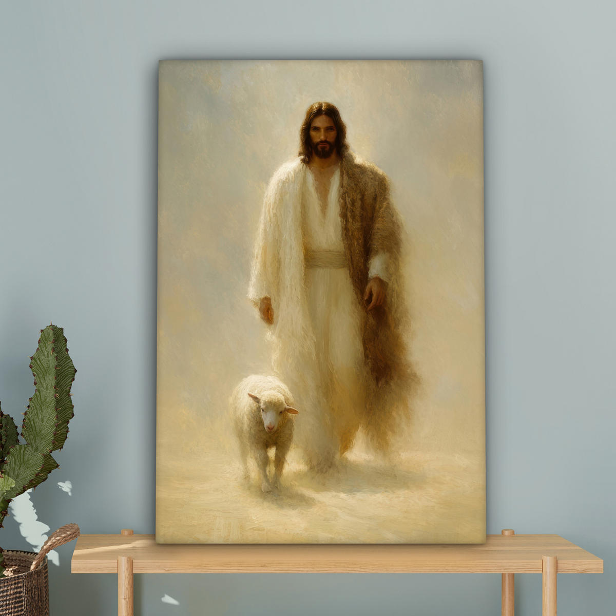 LEINWANDBILD Schaf - Jesus - Pinselstriche - Abstrakt Wanddeko 40x60 cm - Sandfarben, Textil (40/60cm) - MuchoWow