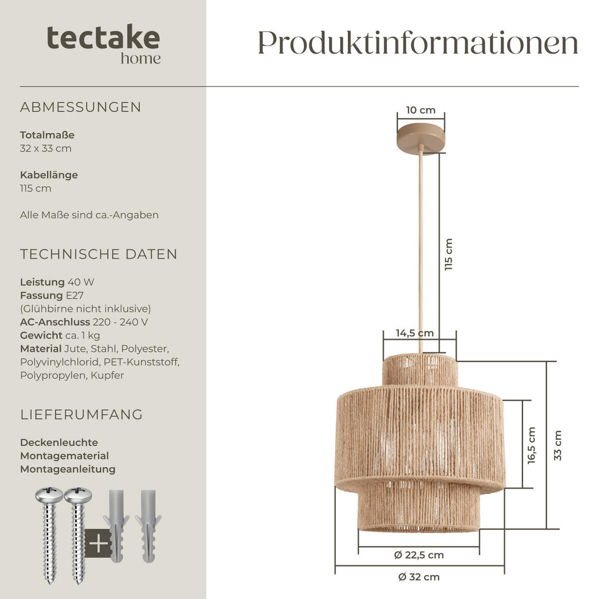 HÄNGELEUCHTE Allegra,32 x 33 cm,natur - Naturfarben, Metall (32/32/33cm) - tectake