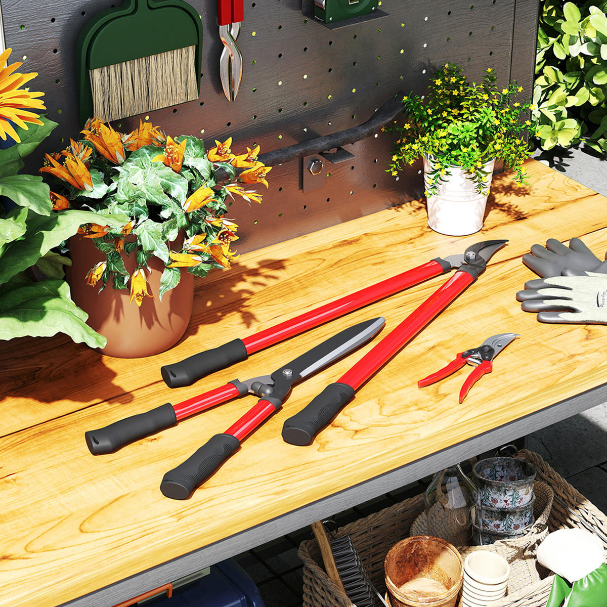 GARTENSCHERENSET 3-teilig aus Metall, Kunststoff Rot - Rot, Metall (20/2.4/65cm) - Outsunny