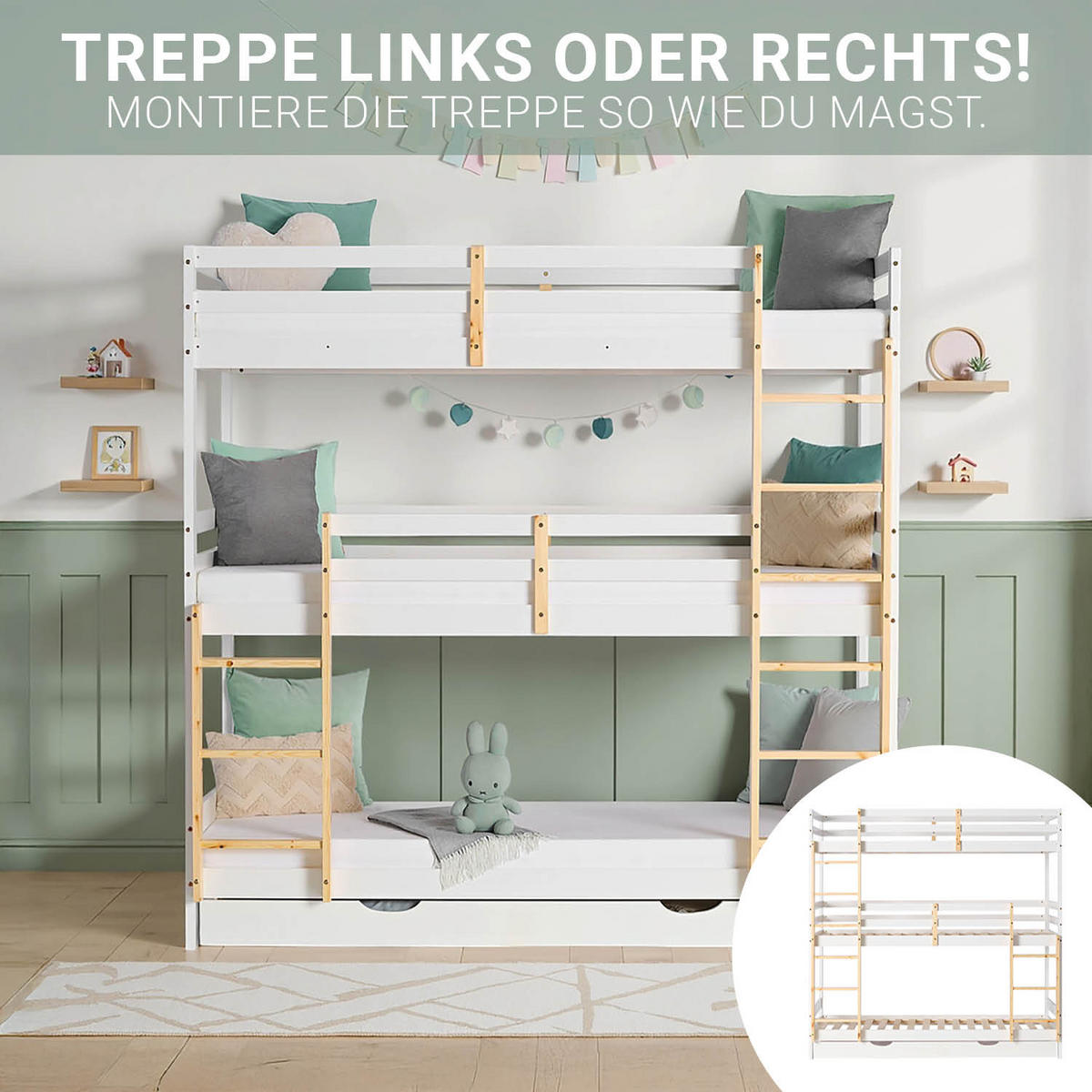 ETAGENBETT 90/200 cm Weiß Natur für 3 Kinder - Weiß, Holz (90/200cm) - Homestyle4u