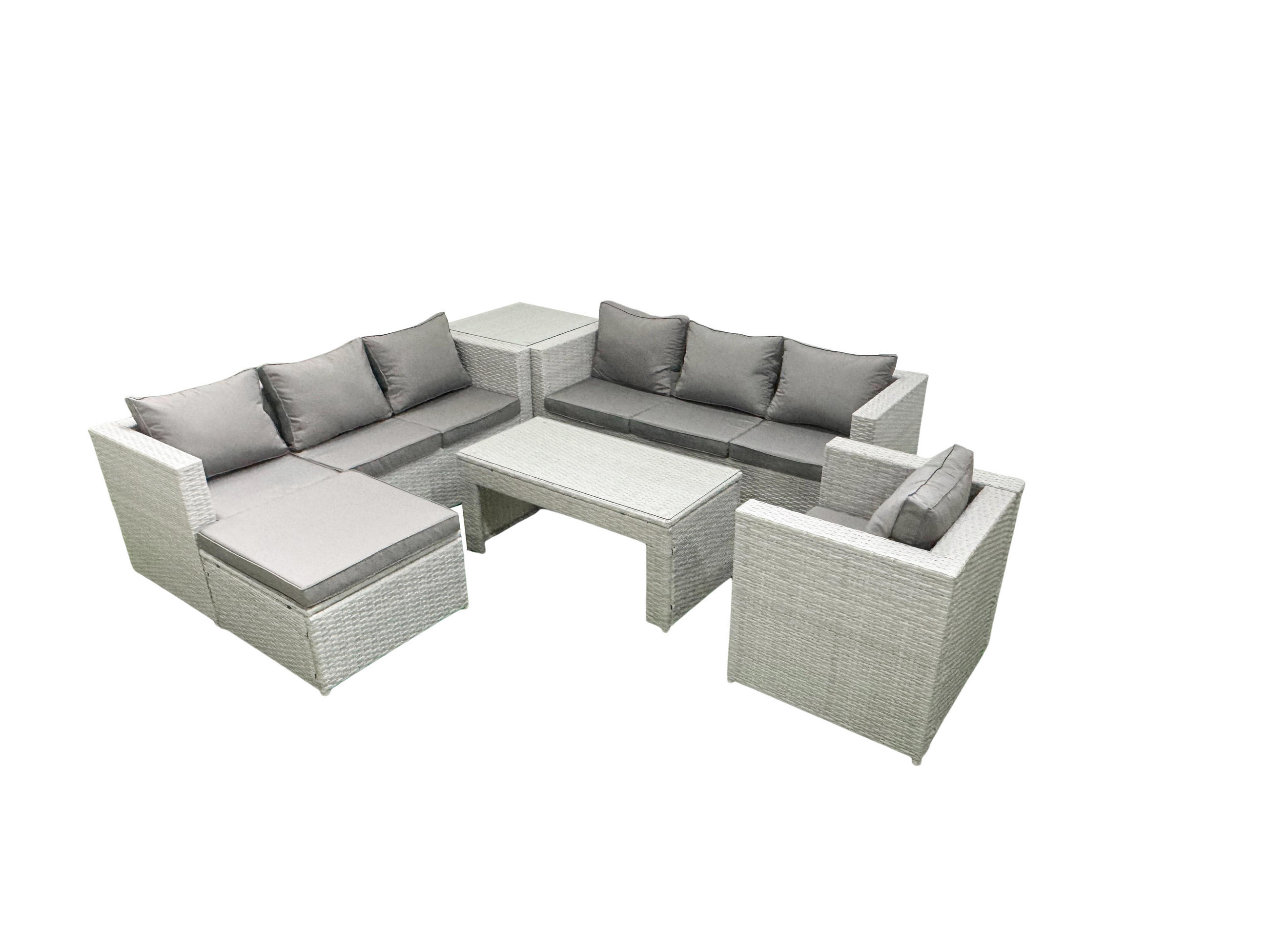 GARTENSOFA hohe Rückenlehne Polyrattan Hellgrau-Mix 8-Sitzer - Hellgrau/Grau, Glas/Kunststoff - Fimous