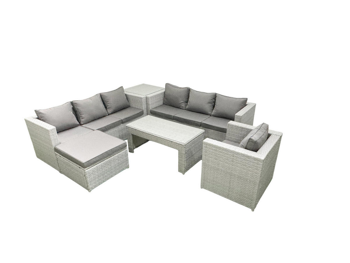 GARTENSOFA hohe Rückenlehne Polyrattan Hellgrau-Mix 8-Sitzer - Hellgrau/Grau, Glas/Kunststoff - Fimous