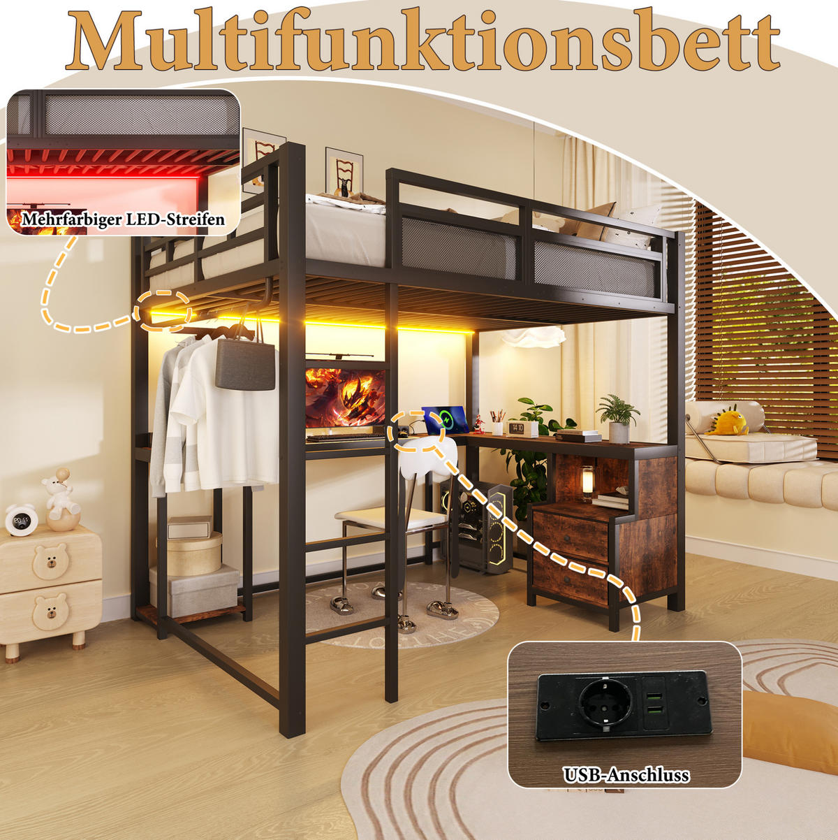 HOCHBETT 140/200 cm Schwarz mit LED, USB und Metall - Schwarz, Metall (140/200cm) - MIVRAY