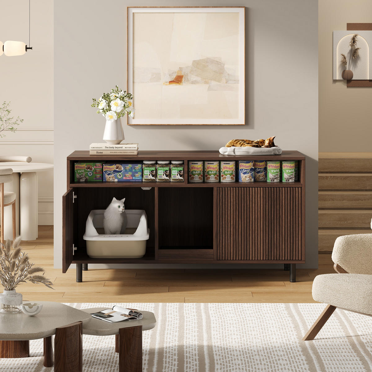 KATZENTOILETTEN-SCHRANK Walnuss, 120/50/66 cm, mit Ablagefächern und Streuauffangmatte - Walnussfarben, Holzwerkstoff/Metall (120/66/50cm) - CHICFURN