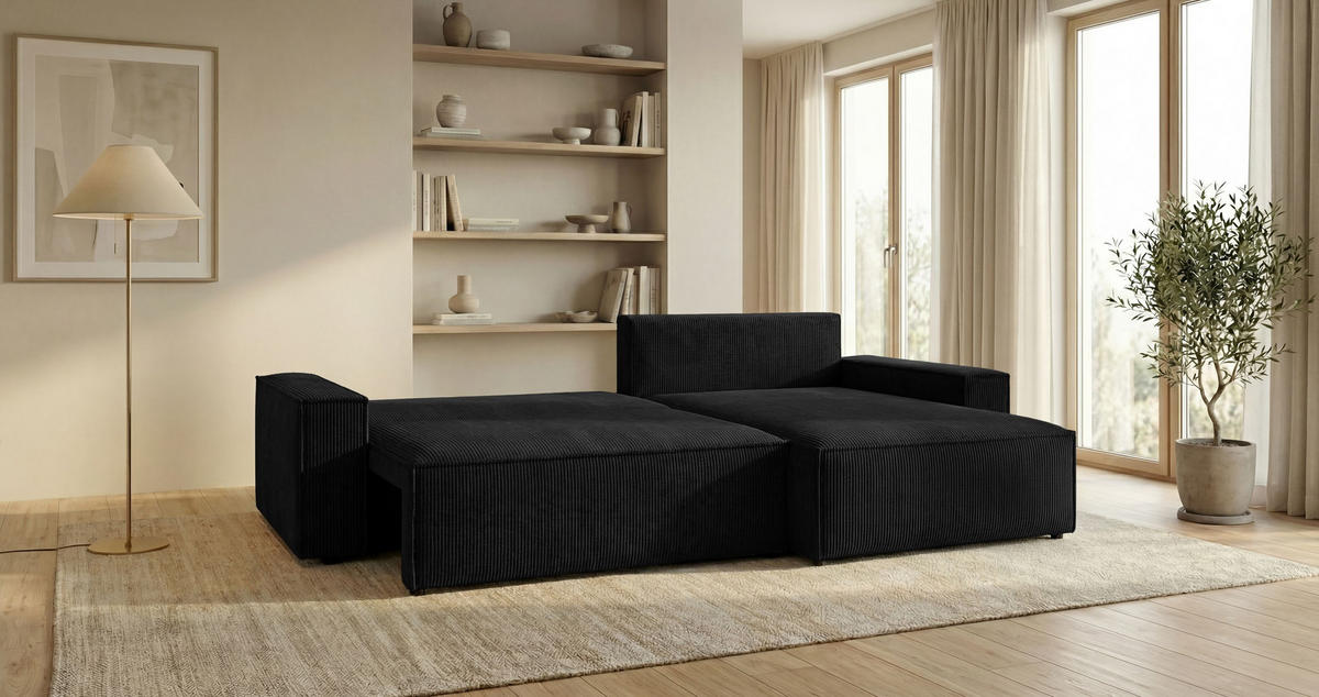 ECKSOFA VIENNA rechts schwarz Cord Poso 135 - Schlaffunktion, Bettkasten - Schwarz, Textil (285/184cm) - Cornero
