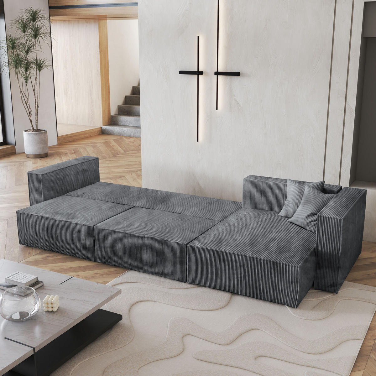 ECKSOFA TOLMO P Grau Kordstoff mit Schlaffunktion - Grau, Holz (347/148cm) - MASSENO