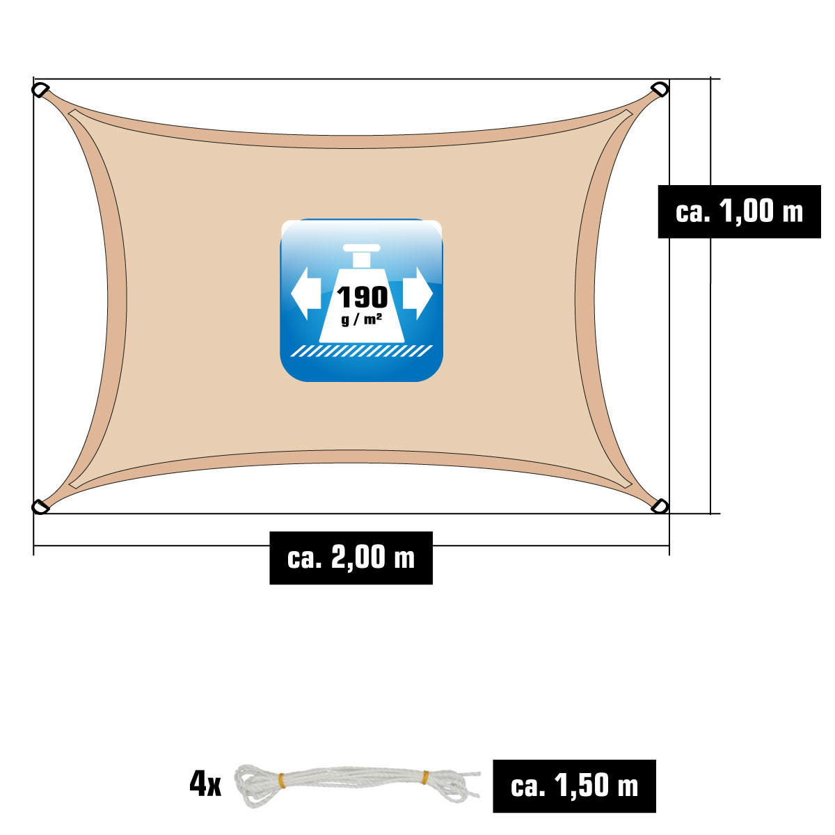 UV-SONNENSEGEL 1/2 m, Rechteckig, Wasserdicht, Beige - Beige, Kunststoff (100/200cm) - Amanka