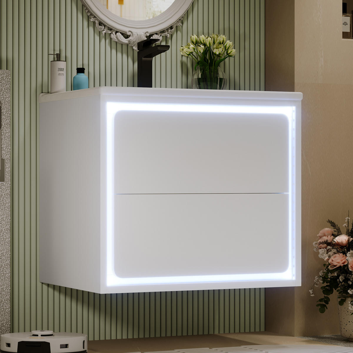 WASCHTISCHKOMBI Badezimmerschrank 60x46x50cm in Weiß mit Radar-Sensor-LED & Keramikbecken - Weiß, Holzwerkstoff (60/50/46cm) - Modfu