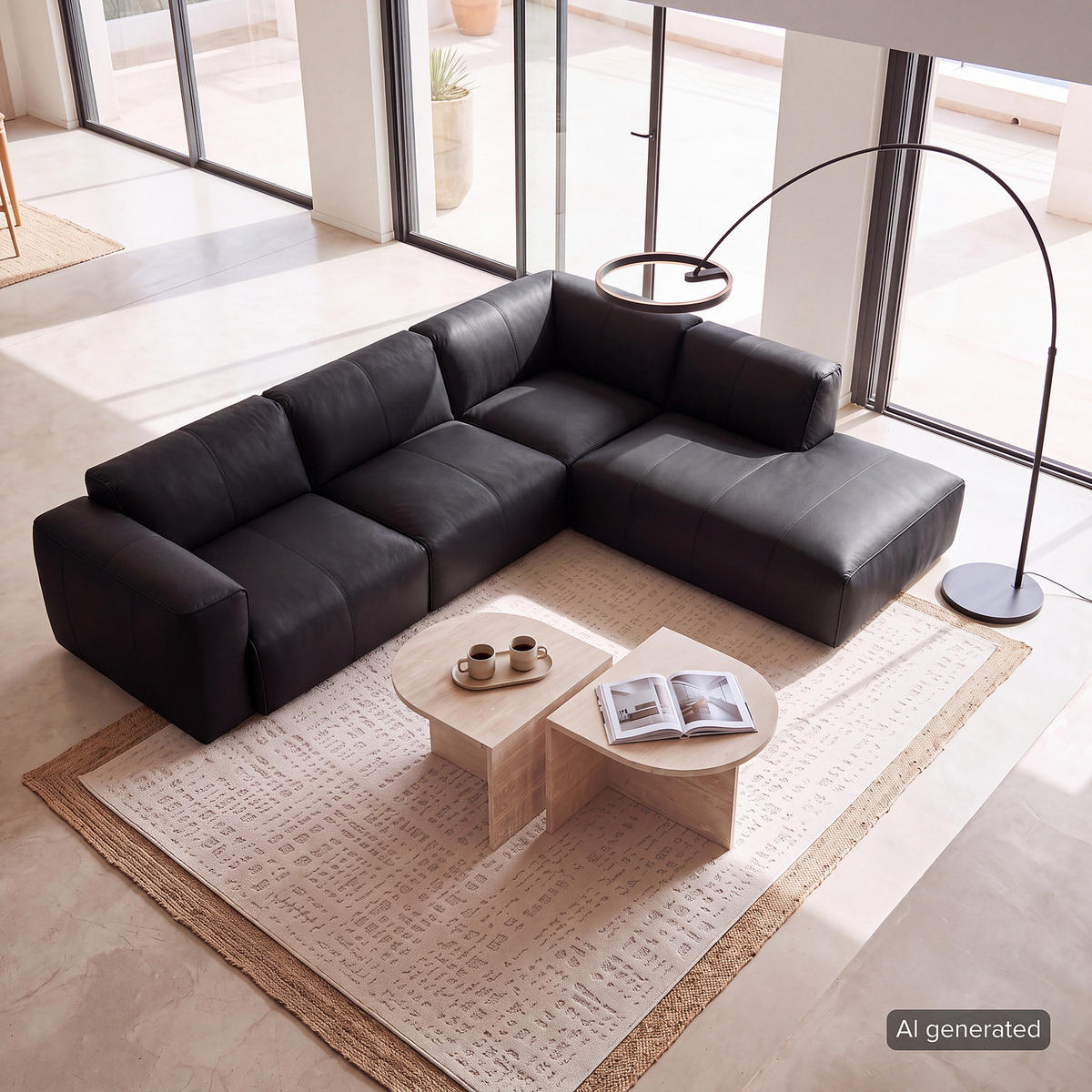 3-SITZER ECKSOFA mit Recamiere - Schwarz, Leder/Kunststoff (295/231cm) - home24