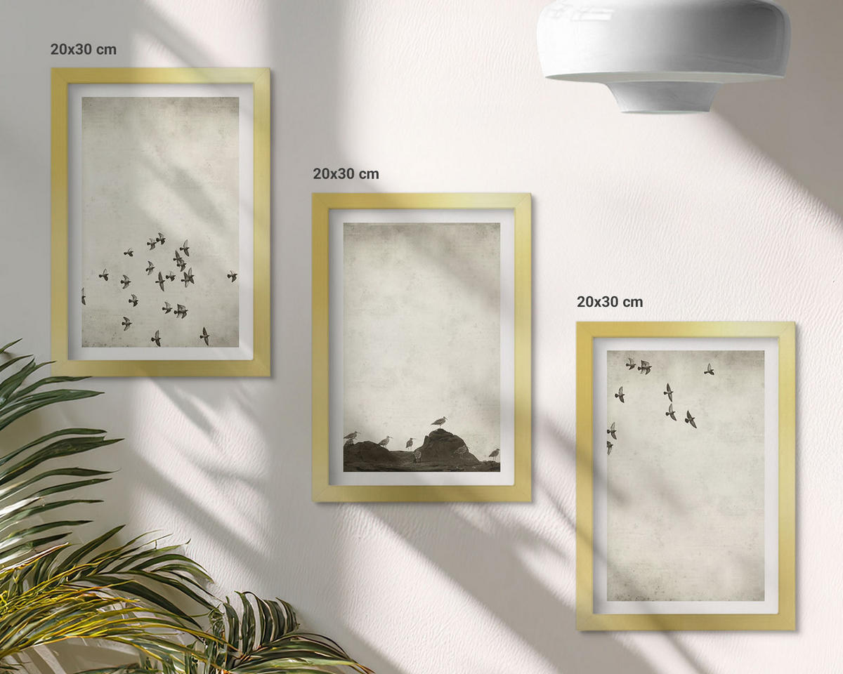 WANDBILDER 3er Set - 20x30 cm Goldrahmen - Vögel im Flug, minimalistischer Stil - Goldfarben, Kunststoff (20/30cm) - ArtPrintCave