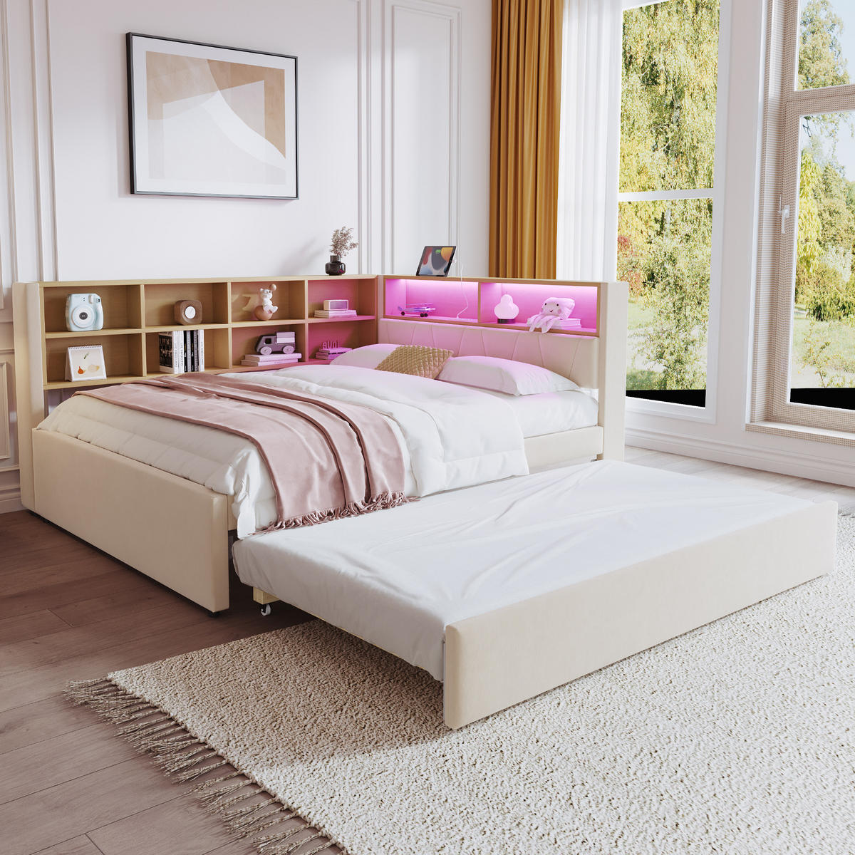 POLSTERBETT 90/140x200 Beige Flanell LED - Beige, Textil (140/200cm) - FLIEKS