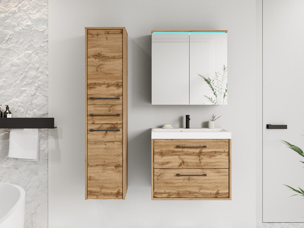 BADMÖBEL-SET Canavas I mit blauer LED Beleuchtung - Schwarz/Braun, Holzwerkstoff/Metall (30/130/35cm) - MIRJAN24