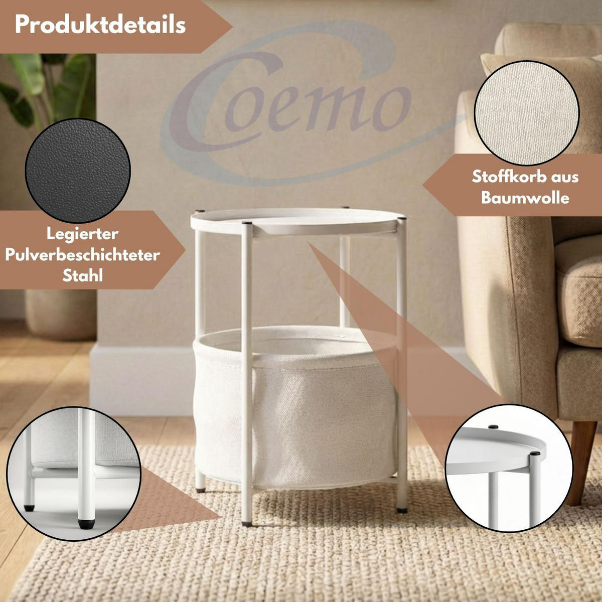 COUCHTISCH NINA rund Metall mit Aufbewahrungskorb Canvas Weiß - Weiß, Metall (45/45/48cm) - Coemo