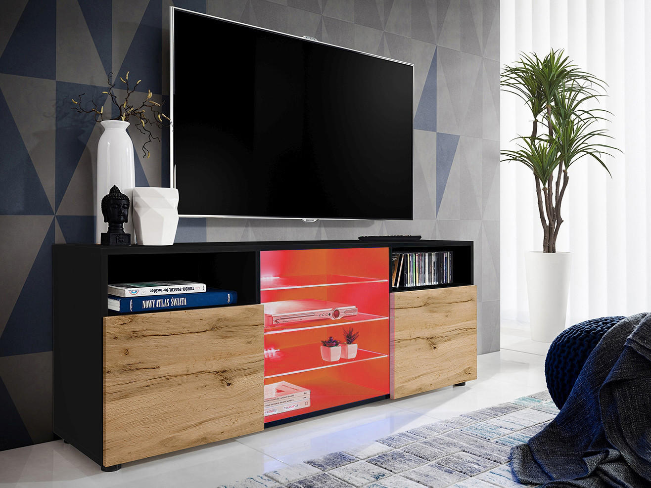 SIDEBOARD TV URBINO Black, LED Beleuchtung Mehrfarbige - Eiche Wotan/Schwarz, Glas/Holzwerkstoff (140/53/35cm) - Komodee