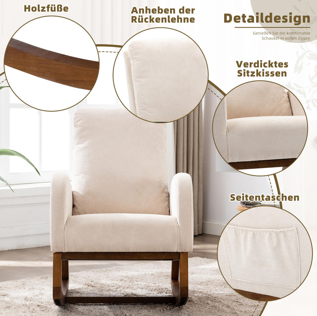 SCHAUKELSTUHL mit hoher Rückenlehne und Leinenbezug – bis 150 kg belastbar - Beige, Textil (94/101/69cm) - BEAOK
