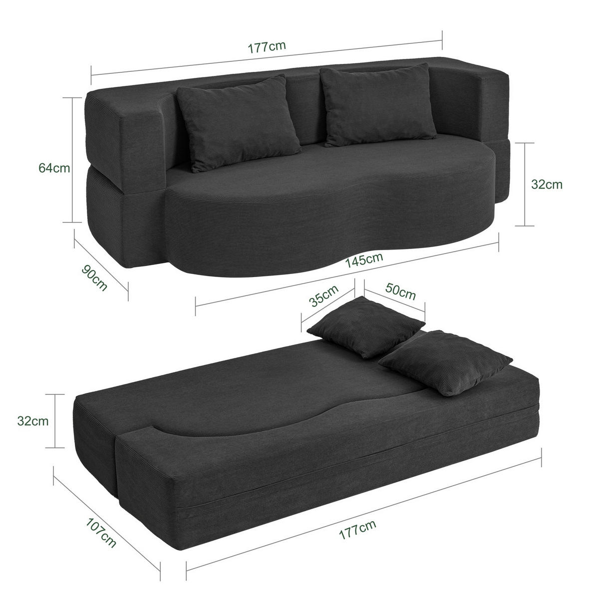 SOFA ausziehbar mit Kordstoffbezug FST101-SCH - Schwarz, Textil/Metall (177/32/107cm) - SoBuy