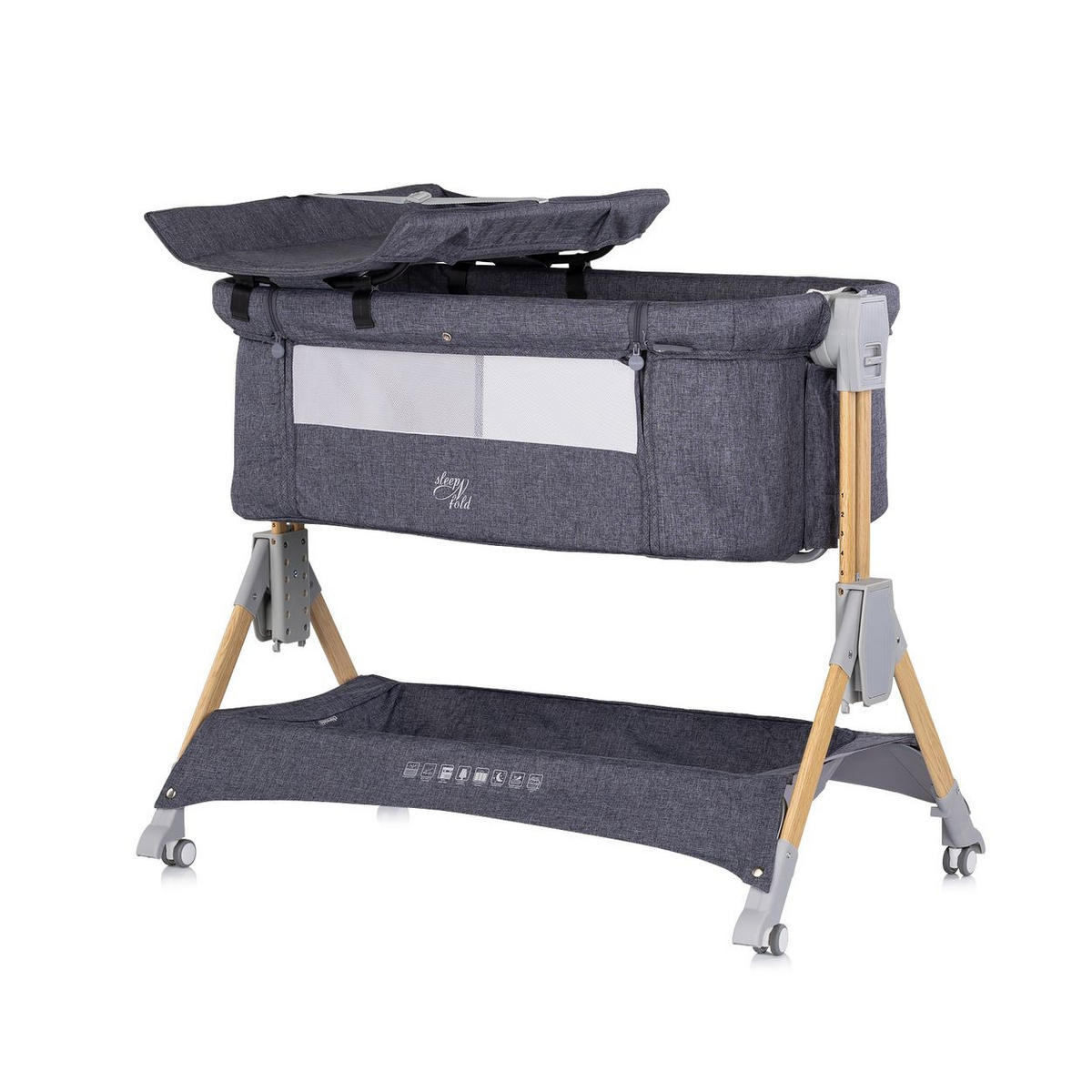 BEISTELLBETT Sleep´n Fold grau 98 x 66 cm, Schwingfunktion, Wickelauflage, Anti-Reflux, Moskitonetz - Schwarz, Metall (48/81cm) - Chipolino