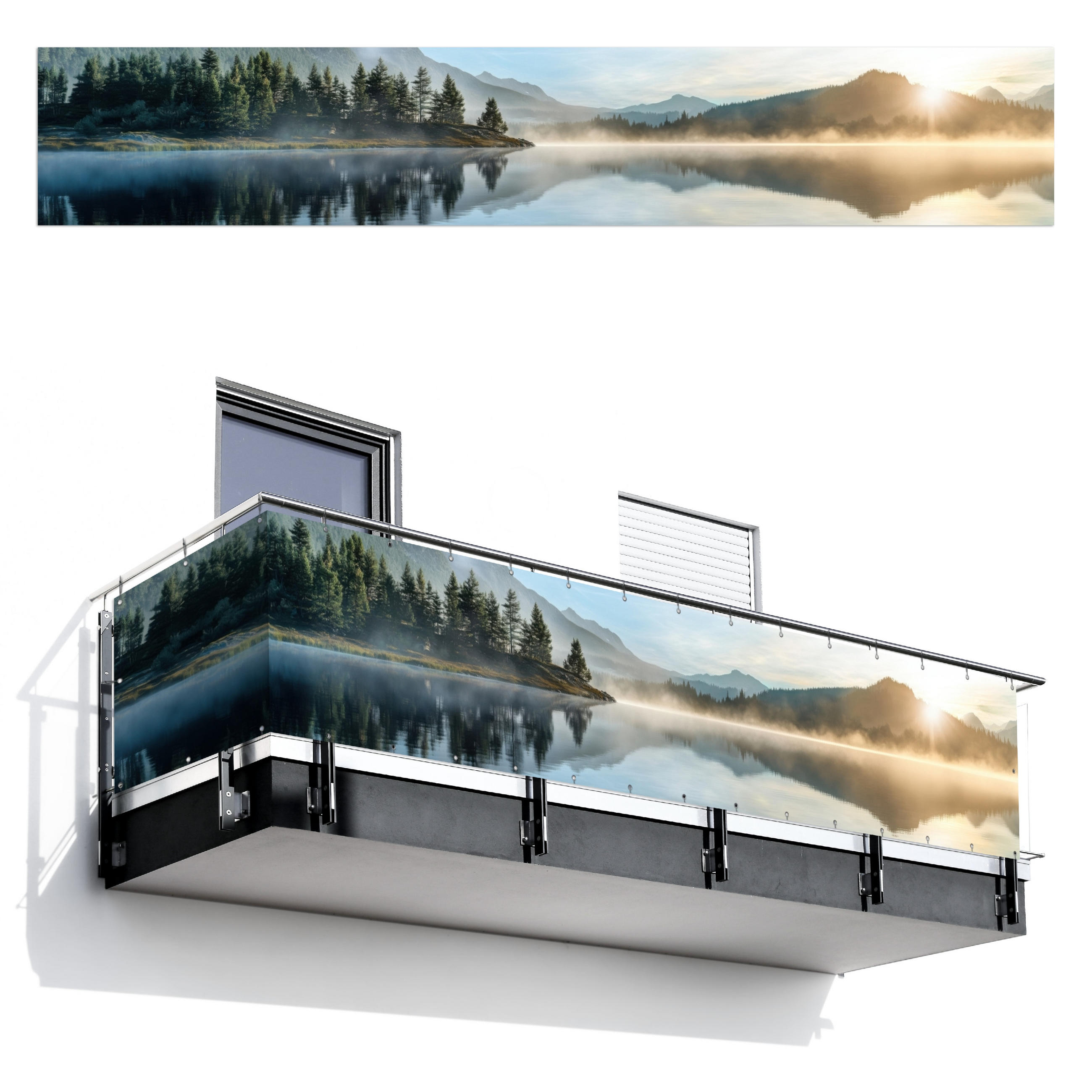 BALKON-SICHTSCHUTZ See - Nebel - Berge - Landschaft - Hellblau, Kunststoff (500/85cm) - MuchoWow