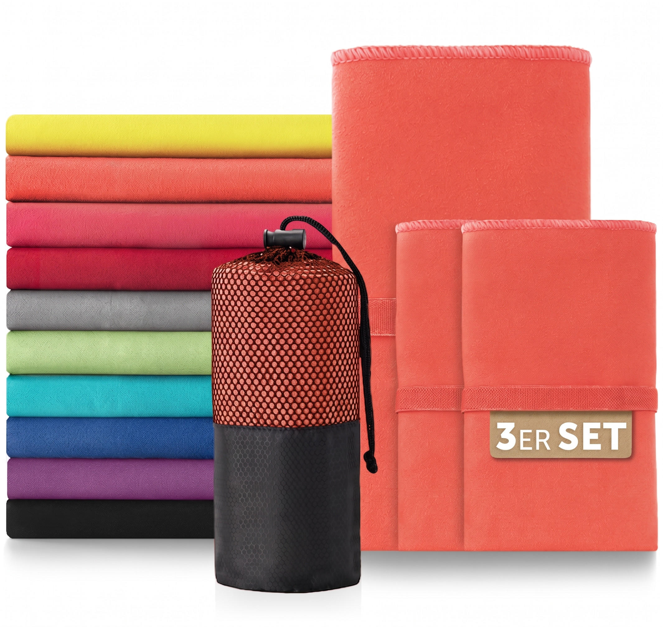 SPORTHANDTUCH microfiber 3er-Set , 180/90 cm & 2 x 80/40 cm,Hellrot - Hellrot, Textil (180/90cm) - Blumtal