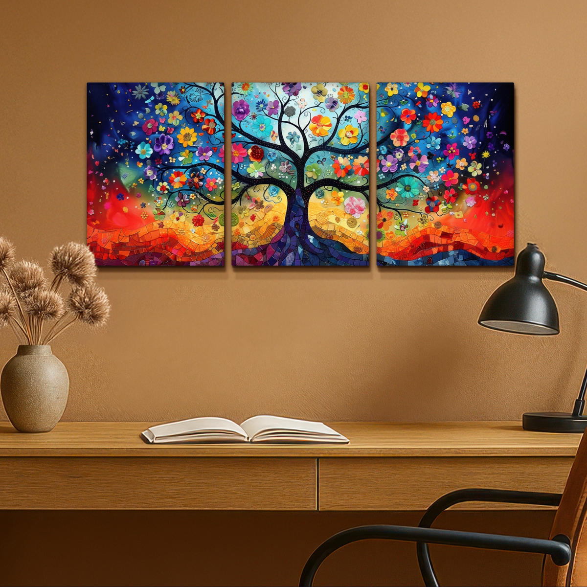 LEINWANDBILD 3er Set Bunt - Baum des Lebens - Blumen - Abstrakt 90x40 cm - Blau, Textil (90/40cm) - MuchoWow