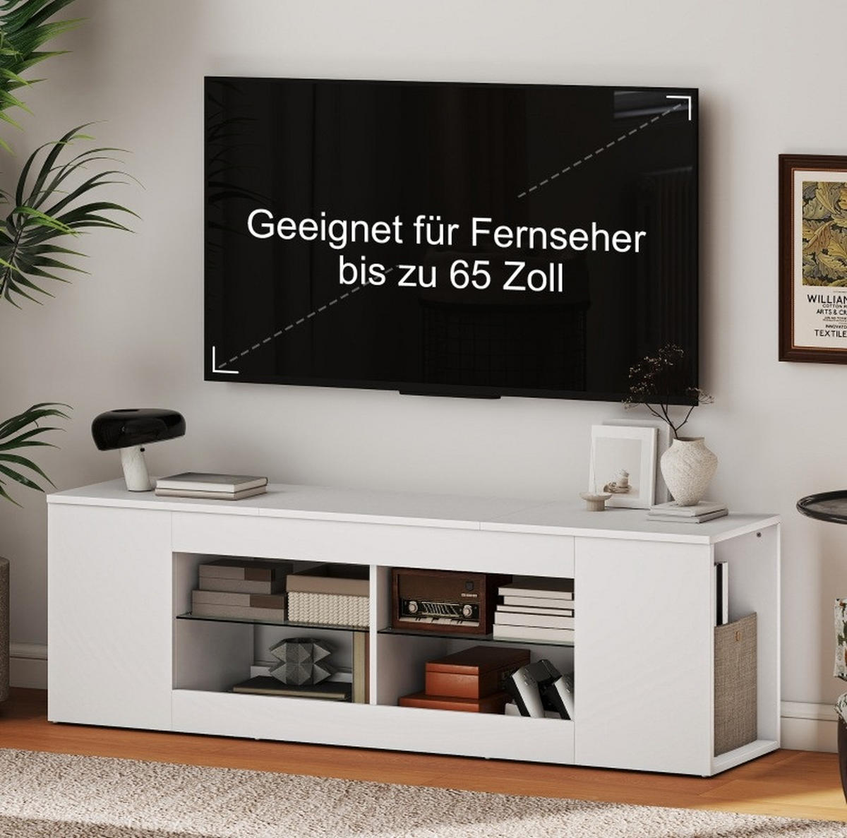 LOWBOARD 140/42,5 cm aus Glas und Holzwerkstoff mit 6 Fächern Weiß - Weiß, Holzwerkstoff (140/42.5/35cm) - Modenvie