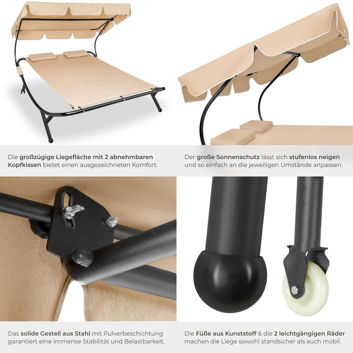 GARTENLIEGE Livorno, 215 x 183 x 150 cm, schwarz/beige - Beige/Schwarz, Kunststoff (185/175/195cm) - tectake