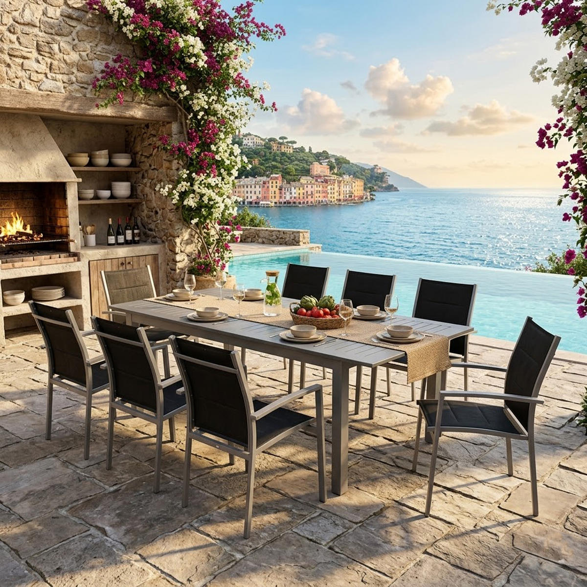 GARTEN-GARNITUR Ashford - 9-teilige Garten-Essgruppe (8x Stapelsessel mit Aluminiumgestell, Bespannung Textillehne schwarz, Ausziehtisch - Schwarz, Metall - TPFGarden
