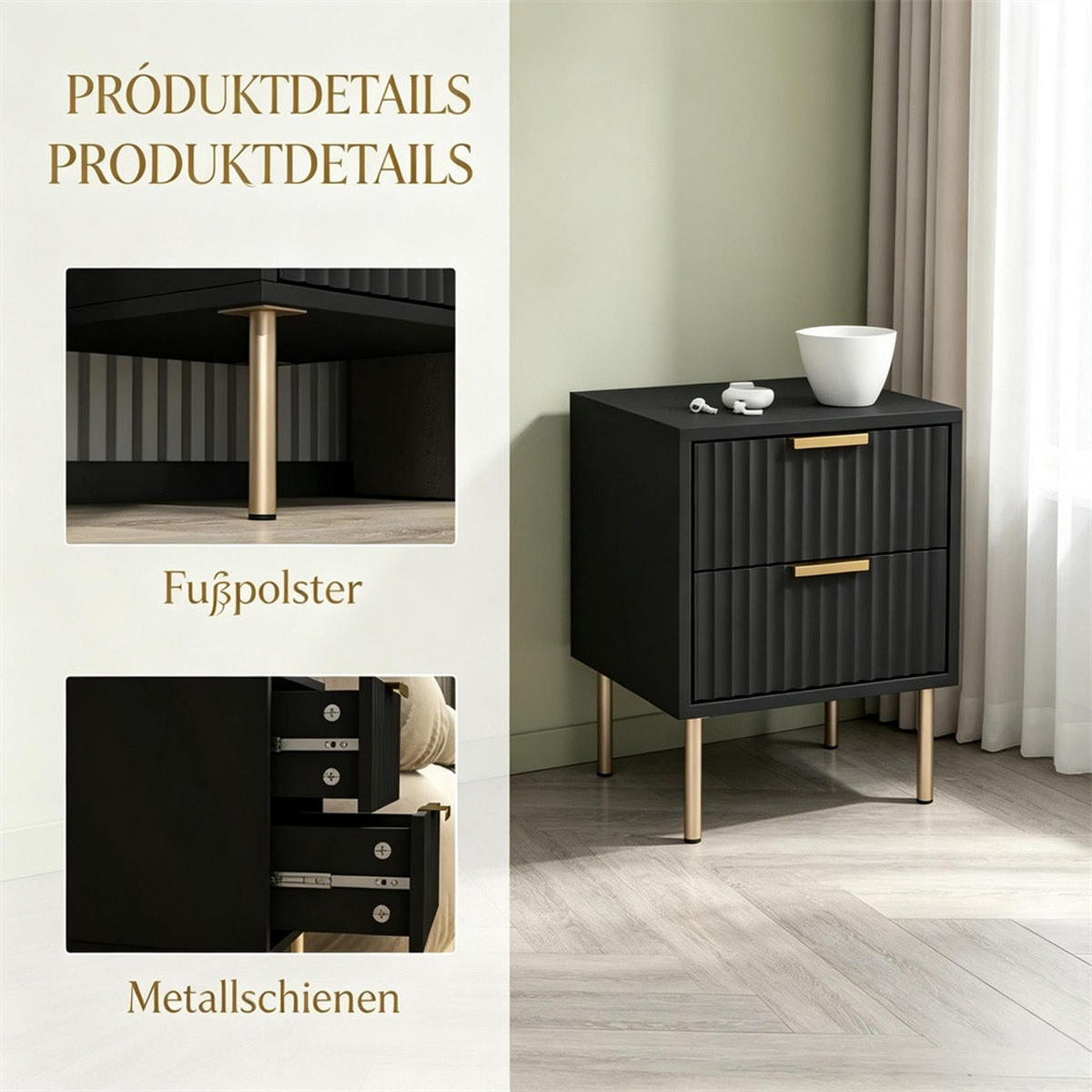 NACHTTISCH 40x39x48 cm Schubladenfront mit Rillenoptik - 2 Schubladen - Goldene Griffe - Schwarz - Schwarz, Holzwerkstoff (39/48/40cm) - DELFA
