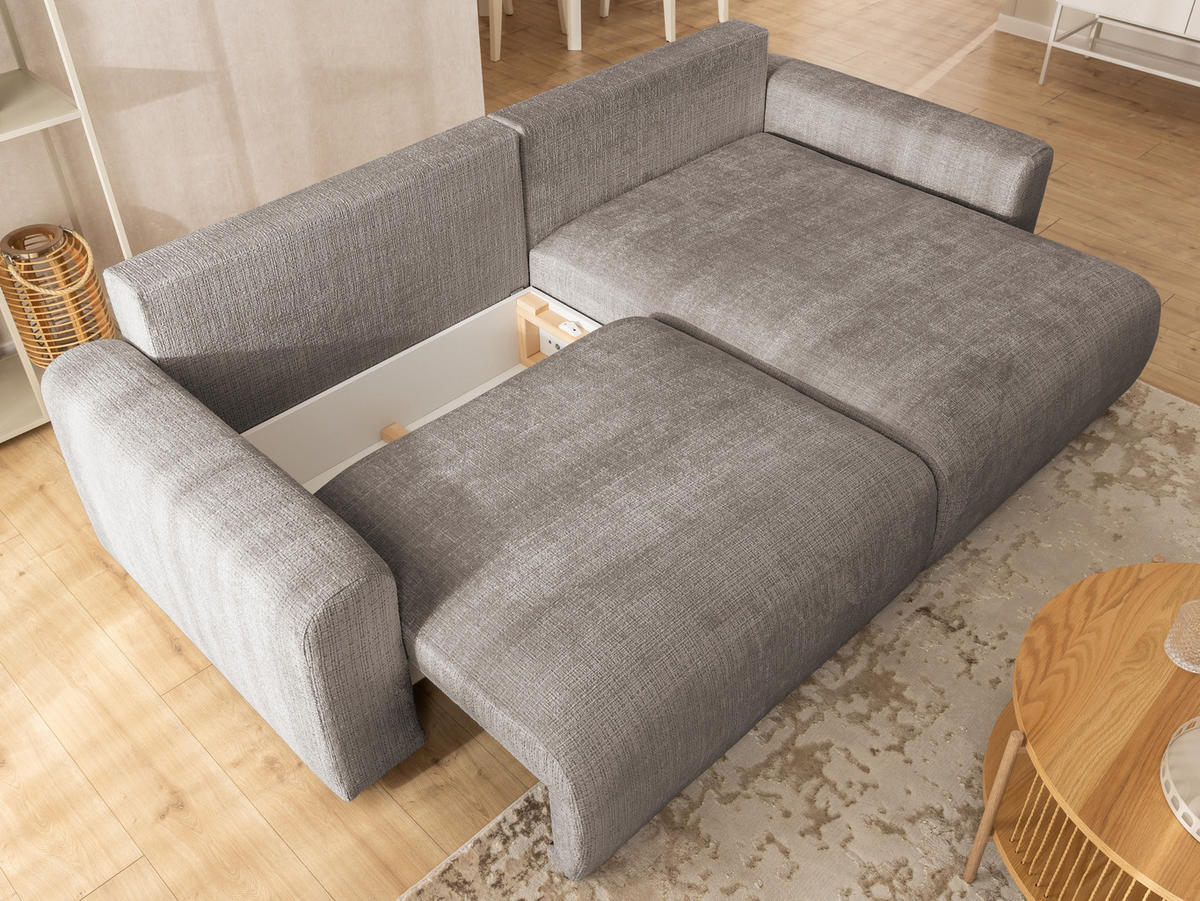 ECKSOFA Calma mit Schlaffunktion und Bettkasten im Bumpy-Design aus weichem Taupe Chenille-Stoff - Ottomane rechts - Taupe/Beige, Holz/Kunststoff (239/140cm) - S-Style Möbel