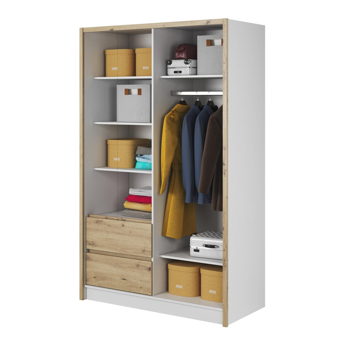 SCHWEBETÜRENSCHRANK SABRINA 134/214/62 cm 3-türig mit Spiegel Weiß - Eiche Artisan/Weiß, Holzwerkstoff (134/214/62cm) - MASSENO