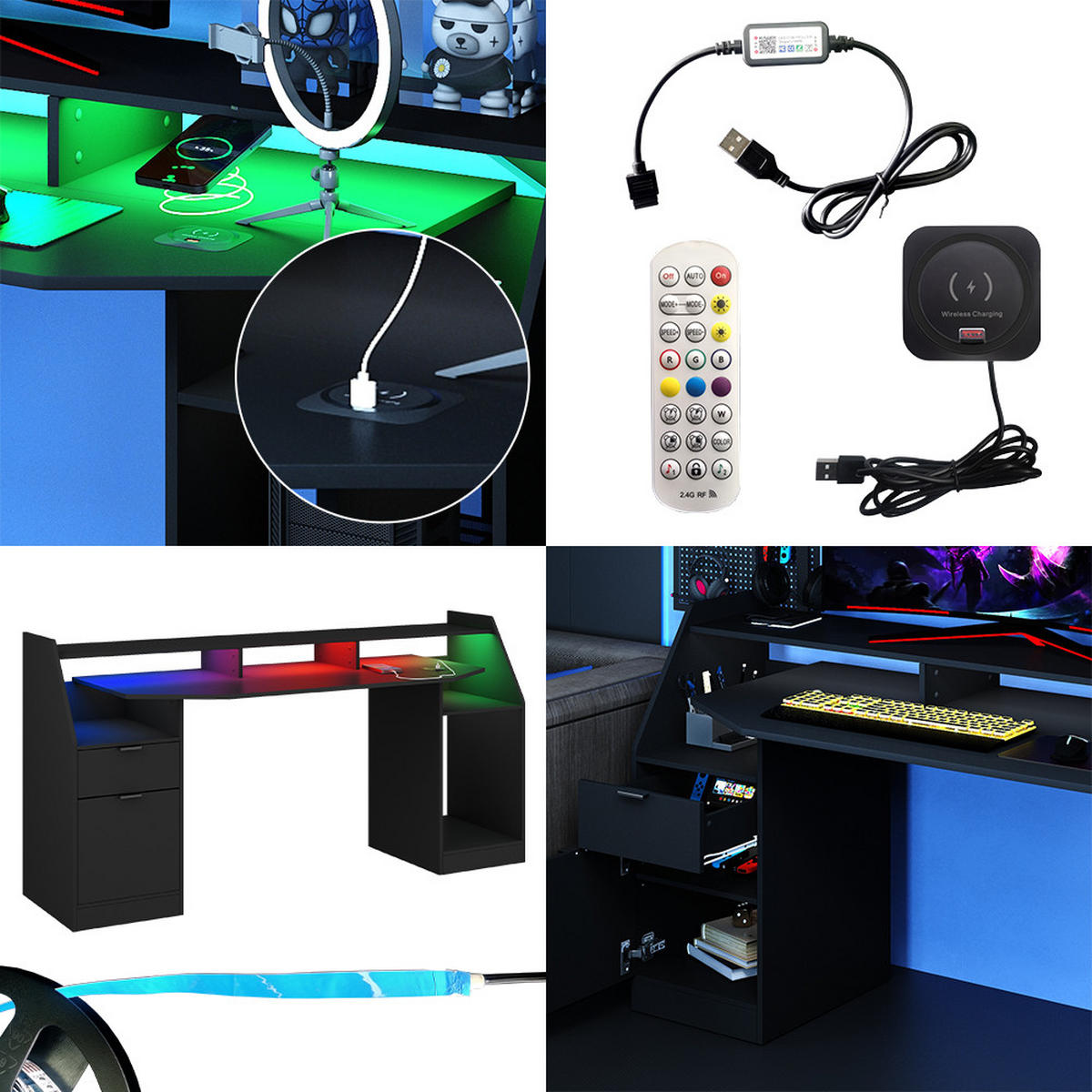 GAMING TISCH Sonic Schwarz 179.8 x 65.5 cm mit LED-Beleuchtung und QI- Ladestation - Schwarz, Holzwerkstoff (65.5/179/90.5cm) - Vicco