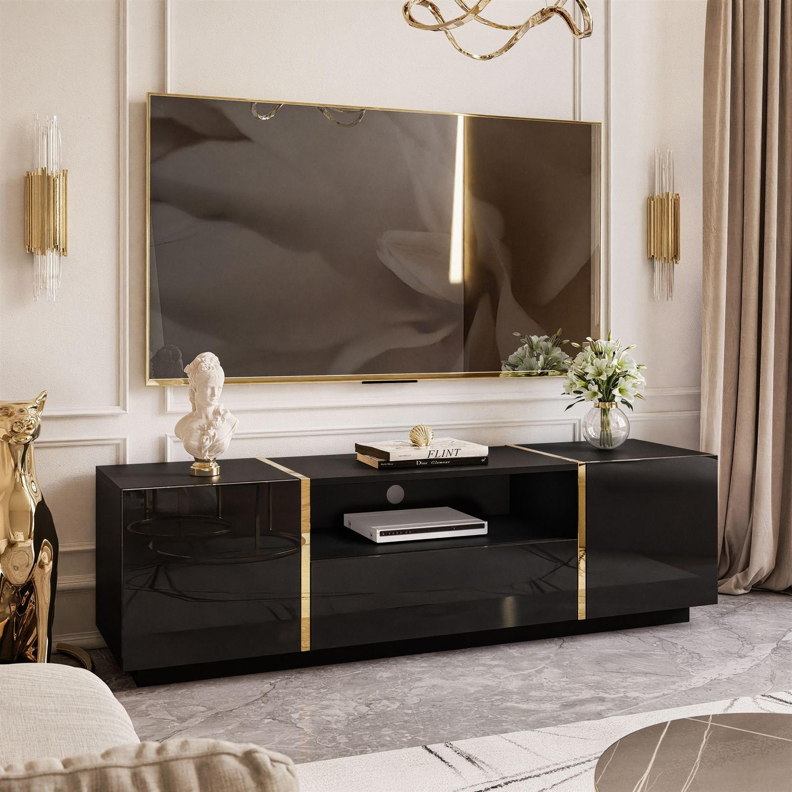 TV-ELEMENT ONYX HOCHGLANZ 158 CM PUSH OPEN - Schwarz, Holzwerkstoff (158/46/41.3cm) - Lookway