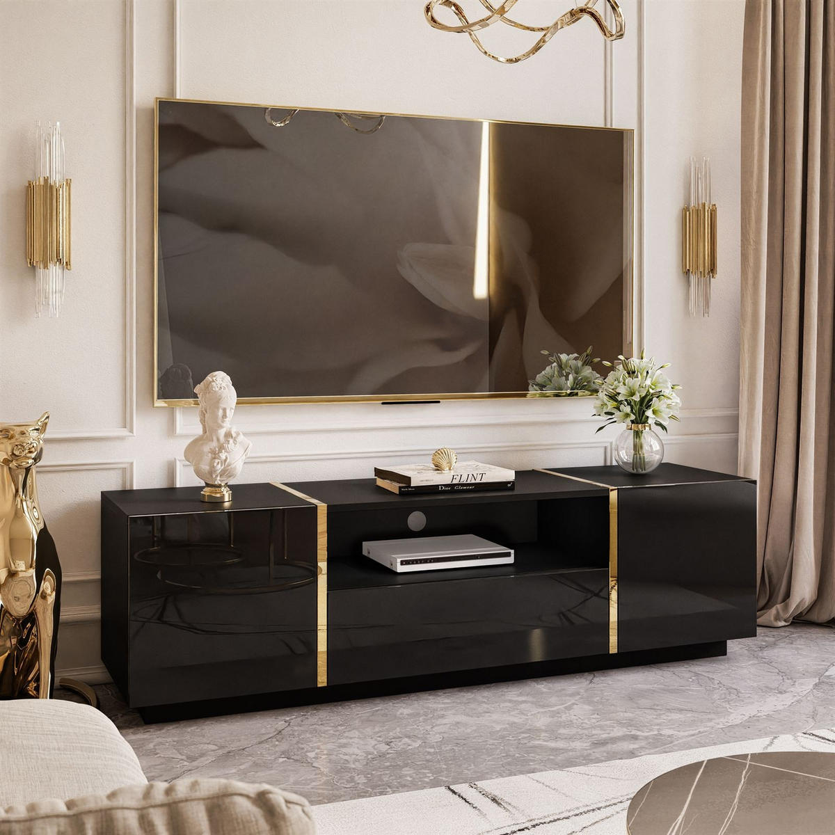 TV-ELEMENT ONYX HOCHGLANZ 158 CM PUSH OPEN - Schwarz, Holzwerkstoff (158/46/41.3cm) - Lookway