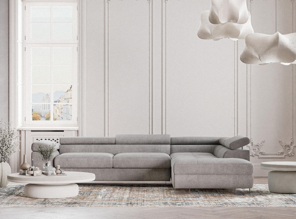 ECKSOFA Concord Beige grau Chenille-Stoff - Rechts Seite - Greige/Schwarz, Holz/Holzwerkstoff (277/203cm) - Maison de Reve