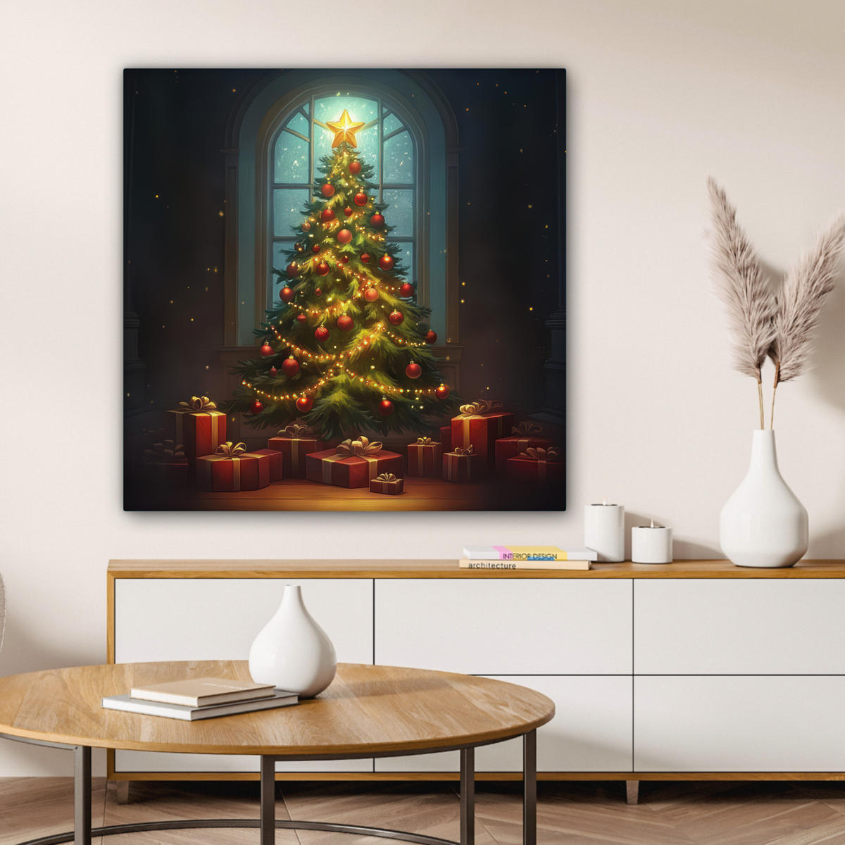 LEINWANDBILD Weihnachtsbaum - Geschenk - Winter Deko Groß 90x90 cm - Grün, Textil (90/90cm) - MuchoWow