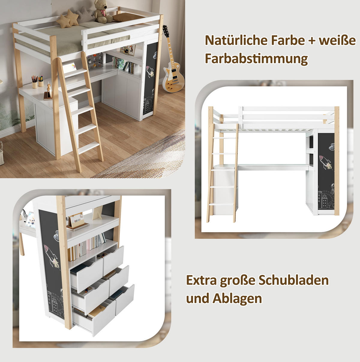 HOCHBETT mit Schreibtisch 90/200 cm in Weiß/Natur – mit Stauraum und Leiter - Weiß, Holzwerkstoff (90/200cm) - BEAOK
