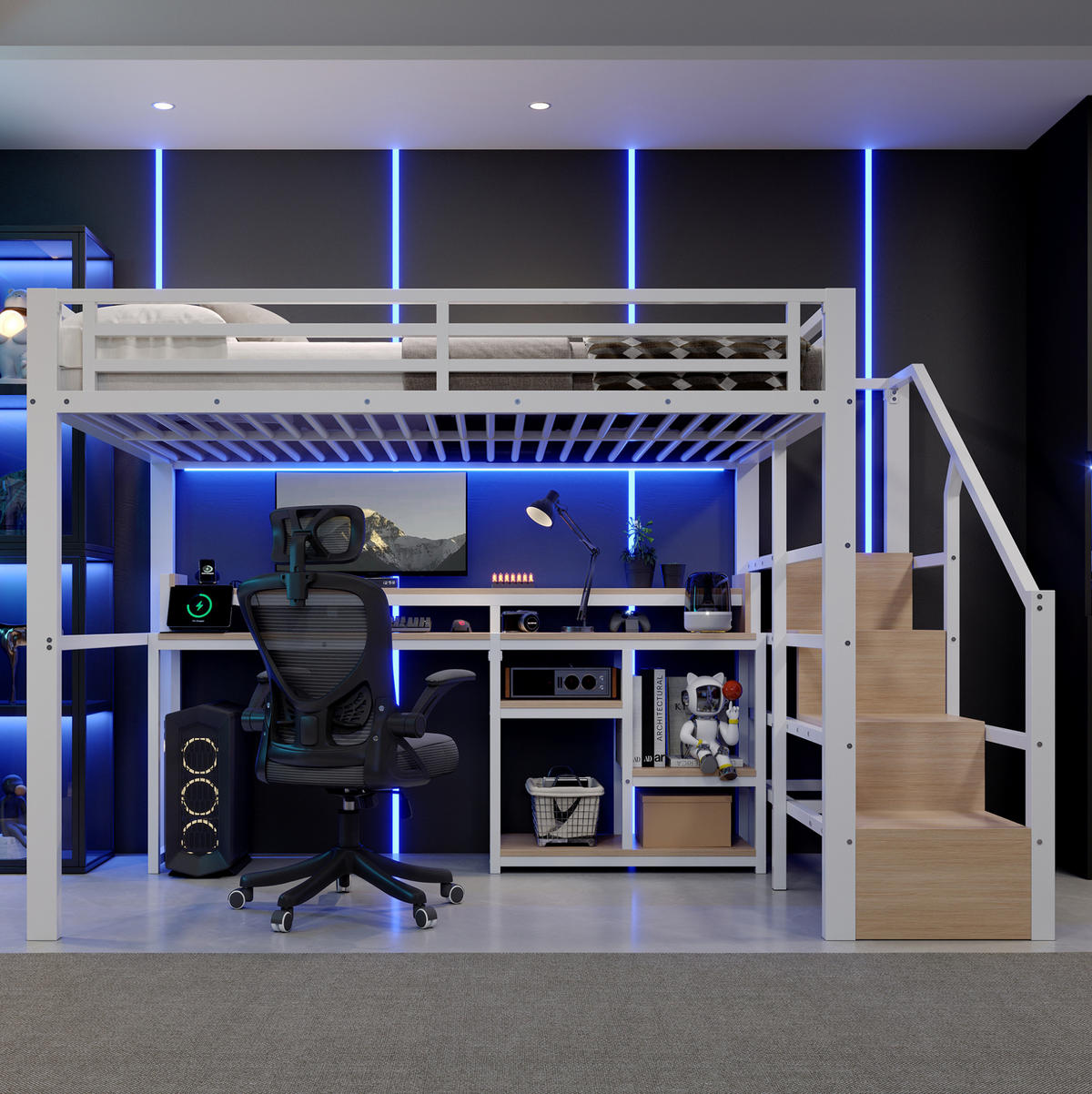 HOCHBETT MDF Metall 140x200 cm Weiß mit Leiterschrank, USB + Typ-C und LED-Lichtleiste - Weiß, Holzwerkstoff (140/200cm) - Modfu
