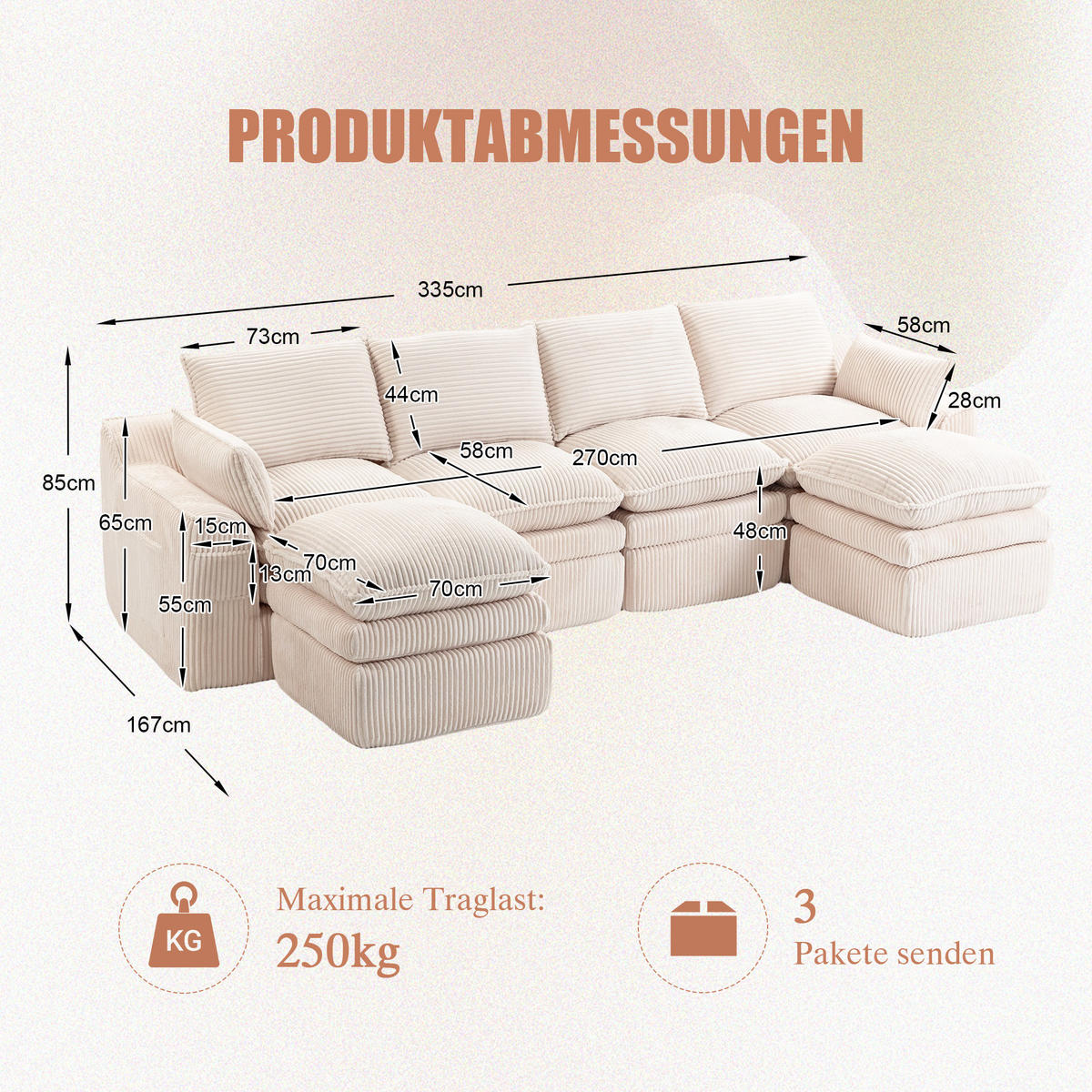 WOHNLANDSCHAFT Cord Beige mit Kissen, Hocker und Seitentaschen - Beige, Textil (335/85/167cm) - WISHDOR