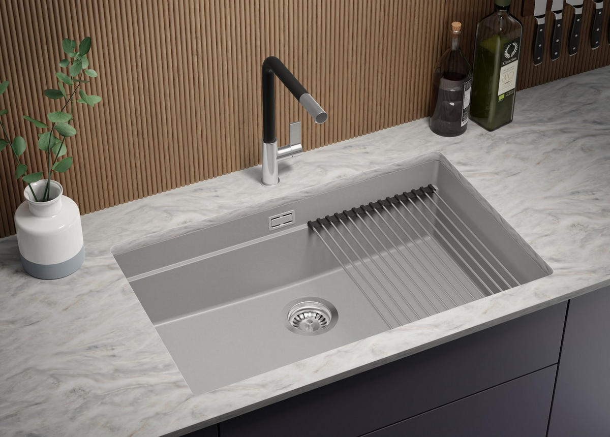 UNTERBAUSPÜLE GRANIT Praga, 2-er set Grau 76/47 cm 1 Becken + Küchenarmatur 38/14 cm + Ablauf-Set + Aufrollbare Abtropffläche ab 80er Unterschrank - Chromfarben/Grau, Kunststoff (76/20/47cm) - Primagran