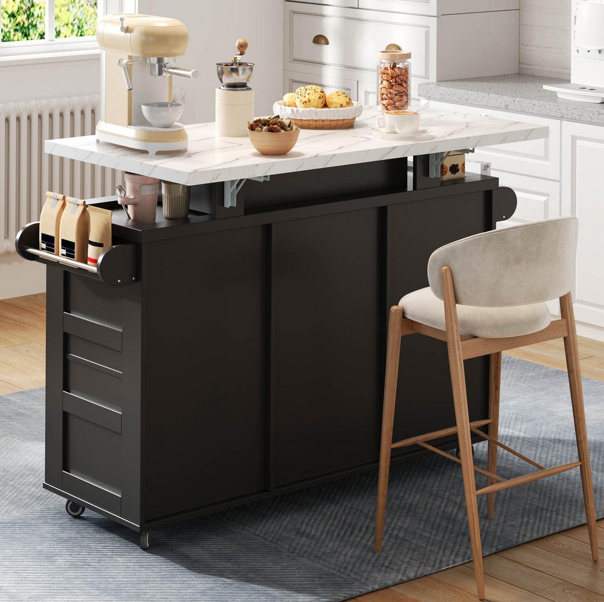 KÜCHENINSEL 138/60/93 cm mit klappbarer Arbeitsplatte, LED-Beleuchtung und Rollen, MDF, Schwarz - Schwarz, Holzwerkstoff (138/93/60cm) - Redom