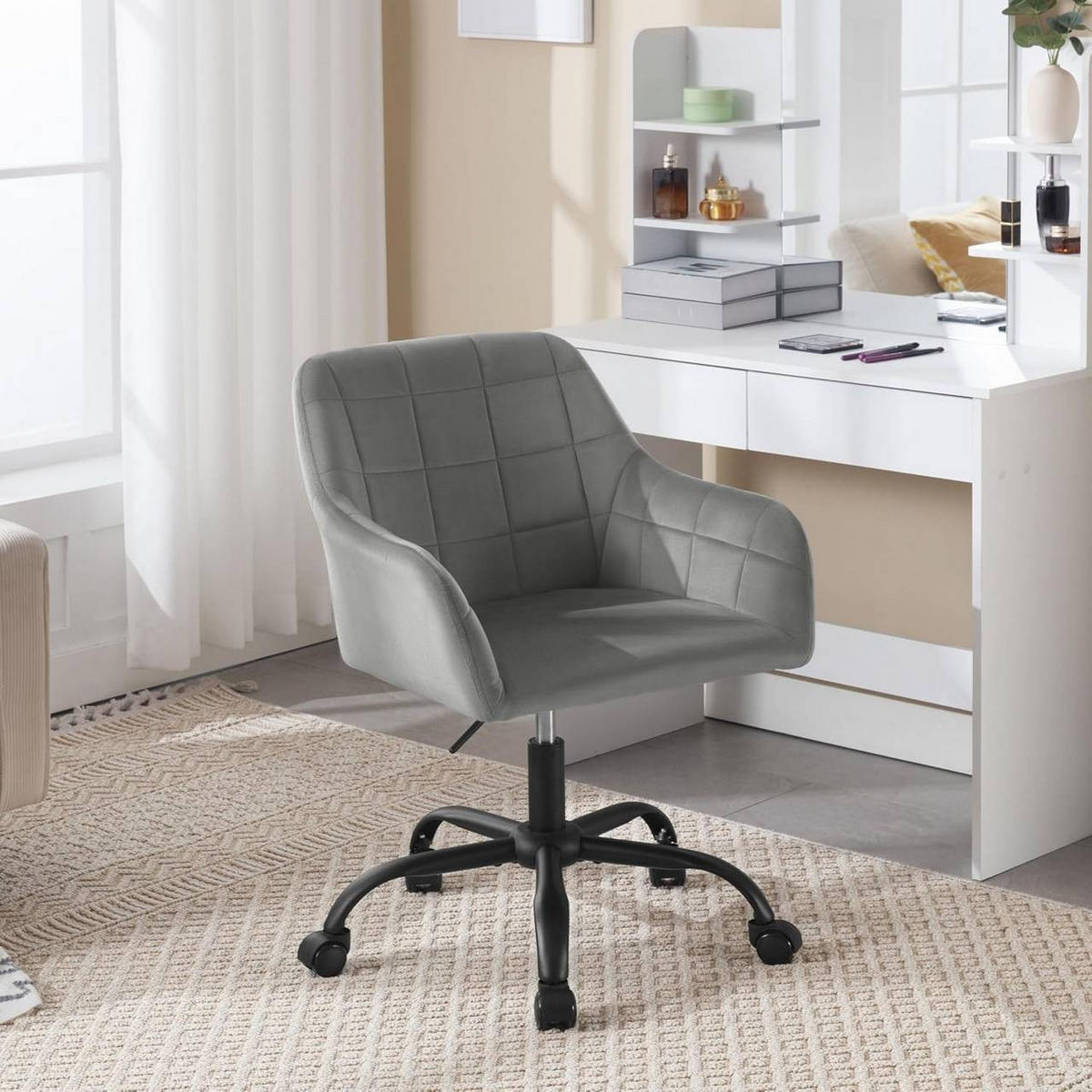 DREHSTUHL drehbar, Bürostuhl ergonomisch, Samt, Dunkelgrau - Dunkelgrau/Schwarz, Kunststoff/Textil (58/77/61cm) - Woltu
