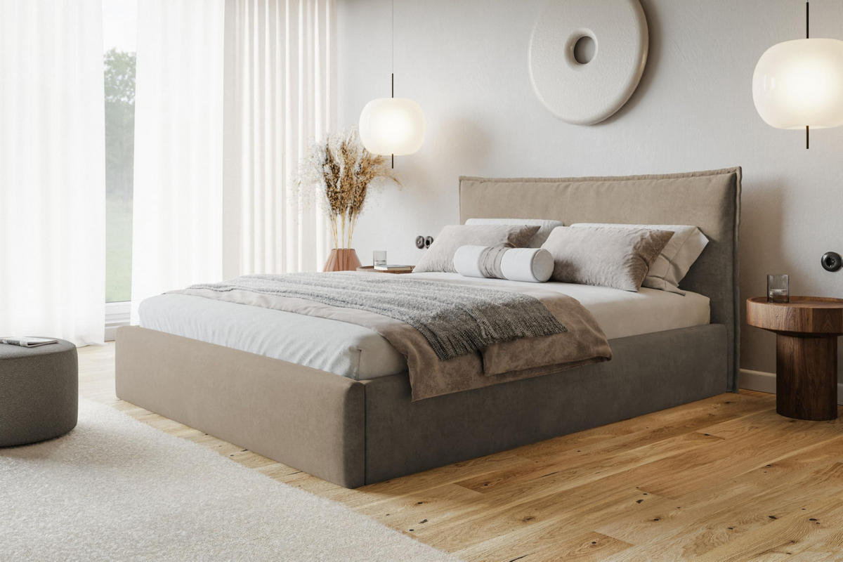BETT 180x200 - Polsterbett mit Bettkasten und Holzrahmen - Modern Betten - Weicher Jasminstoff - Kollektion Rimini - Beige - Beige, Holz/Textil (180/200cm) - Alpi-Möbel