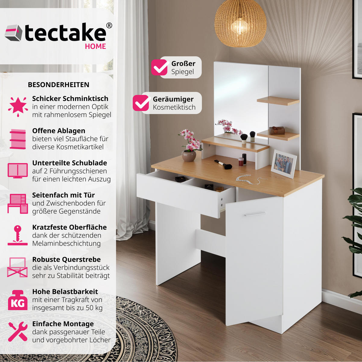 SCHMINKTISCH Zoe,90 x 40 x 137,5 cm,weiß/buche - Weiß/Honig, Holzwerkstoff (40/138.5/90cm) - tectake