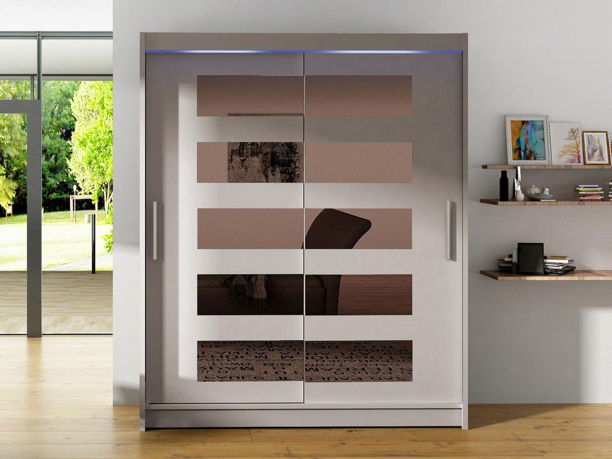 SCHWEBETÜRENSCHRANK Westa V, mit RGB LED Beleuchtung - Kaschmir/Silberfarben, Holzwerkstoff/Metall (150/200/58cm) - MIRJAN24