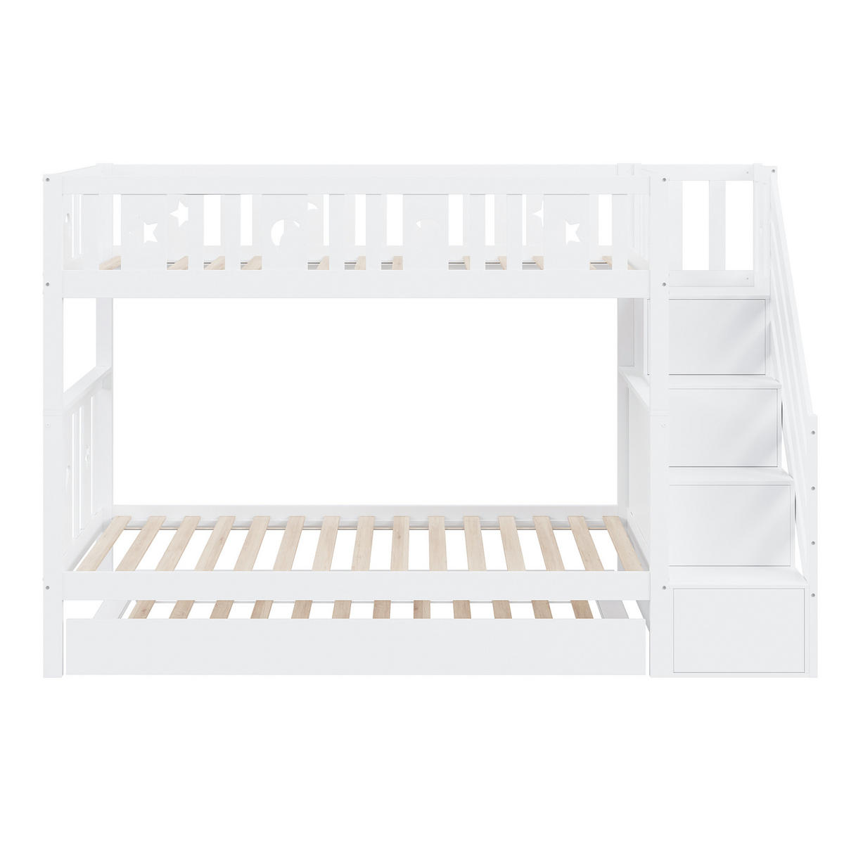 POSCHODOVÁ posteľ 90/200 cm biela s výsuvným lôžkom a úložnými schodmi z MDF a borovicového dreva - biela, kompozitné drevo (90/200cm) - OKWISH